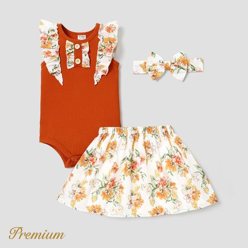 3pcs Baby Girl Cotton Ribbed Ruffle Trim Tank Romper and Floral Print Skirt & Headband Set