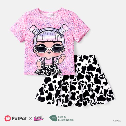 L.O.L. SURPRISE! Toddler/Kid Girl 2pcs Naia™ Character Print Short-sleeve Tee and Cow Print Skirt Set