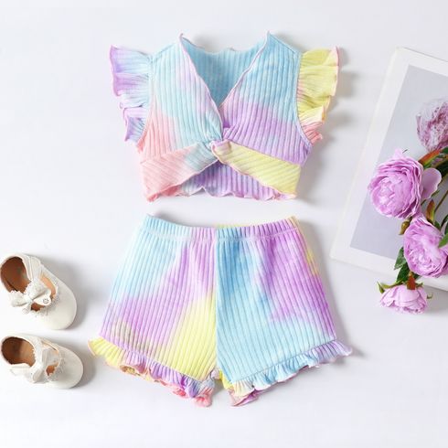 2pcs Baby Girl Tie Dye Twist Knot Front Flutter-sleeve Top and Ruffle Trim Shorts Set
