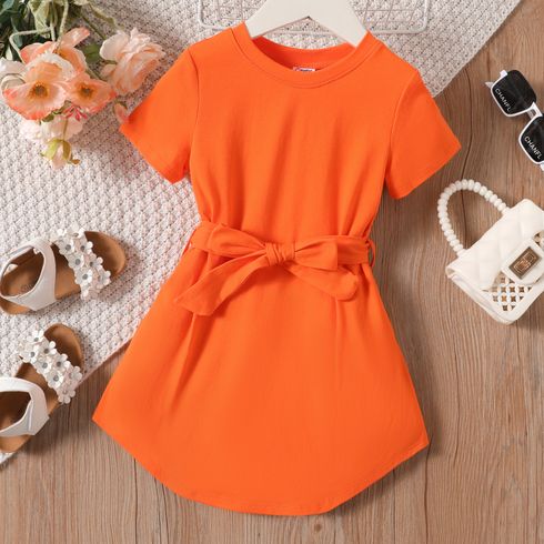 Toddler Girl Solid Curved Hem Short-sleeve Belted Dress Orange color big image 1