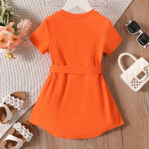 Toddler Girl Solid Curved Hem Short-sleeve Belted Dress Orange color big image 3