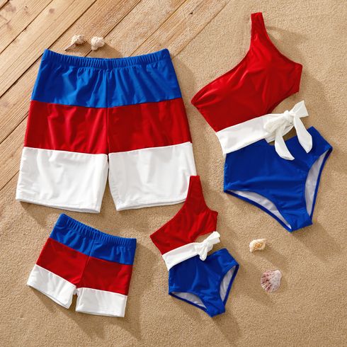 Family Matching Colorblock One Shoulder Cut Out Tie Waist One-piece Swimsuit or Swim Trunks Shorts