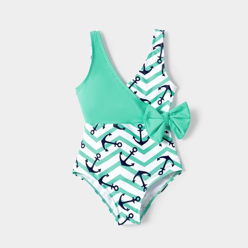Family Matching Allover Anchor Print Colorblock Self Tie One-piece Swimsuit or Swim Trunks Shorts Mintblue big image 7