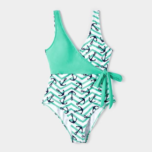Family Matching Allover Anchor Print Colorblock Self Tie One-piece Swimsuit or Swim Trunks Shorts Mintblue big image 13