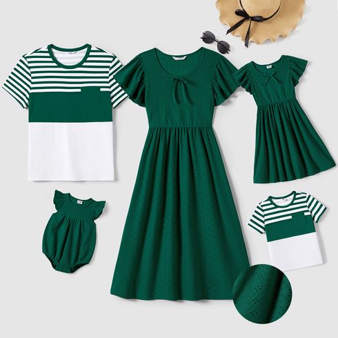 Family Matching Ruffle-sleeve Schiffy Dresses and Striped Panel Colorblock Short-sleeve T-shirts Sets