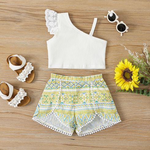2pcs Toddler Girl Cotton Ribbed Lace Sloping Shoulders Single Slip Top and Allover Ethnic Style Print Shorts Set