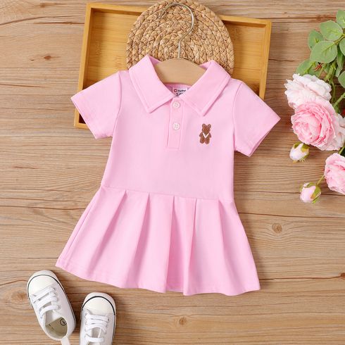 Baby Girl Bear Embroidered Polo Neck Pleated Dress