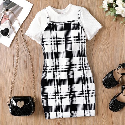 Kid Girl Solid Color Ribbed Lettuce Trim Short-sleeve Tee / Plaid Print Slip Tunic Dress
