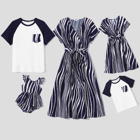 Family Matching Belted Striped Short-sleeve Dresses and Cotton Colorblock Short-sleeve T-shirts Sets