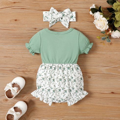2pcs Baby Girl Ruffle Ribbed Allover Floral Print Puff-sleeve Romper and Headband Set Green big image 2