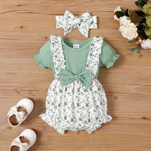 2pcs Baby Girl Ruffle Ribbed Allover Floral Print Puff-sleeve Romper and Headband Set Green big image 1