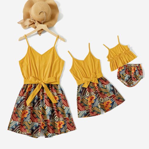 Mommy and Me Boho Print Panel Belted Combo Slip Romper Shorts