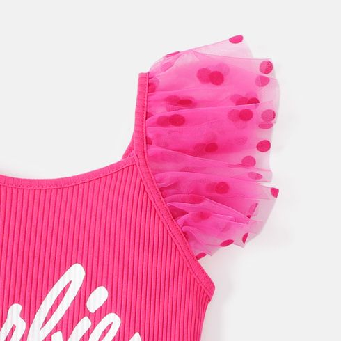 Barbie Toddler/Kid Girl 2pcs Letter Print Polka Dots Mesh Sleeve Ribbed Top and Belted Shorts Set Hot Pink big image 3