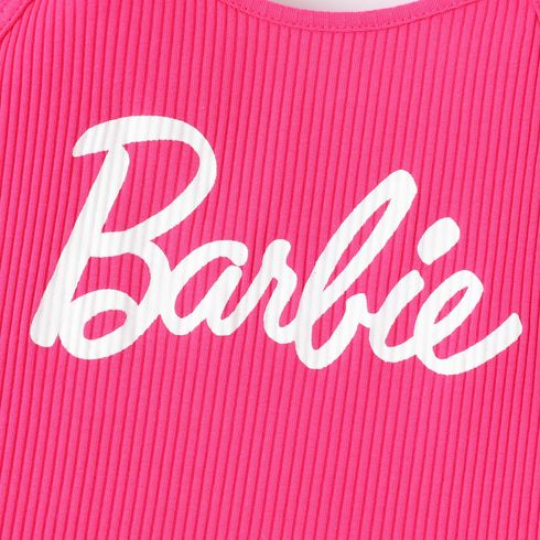 Barbie Toddler/Kid Girl 2pcs Letter Print Polka Dots Mesh Sleeve Ribbed Top and Belted Shorts Set Hot Pink big image 4