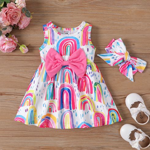 2pcs Baby Girl Allover Rainbow Print Bow Decor Sleeveless Dress and Headband Set