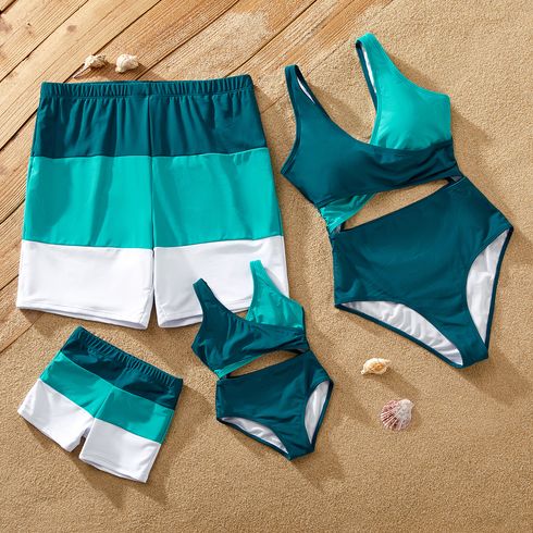 Family Matching Color Block Criss Cross Front One-piece Swimsuit or Swim Trunks Shorts