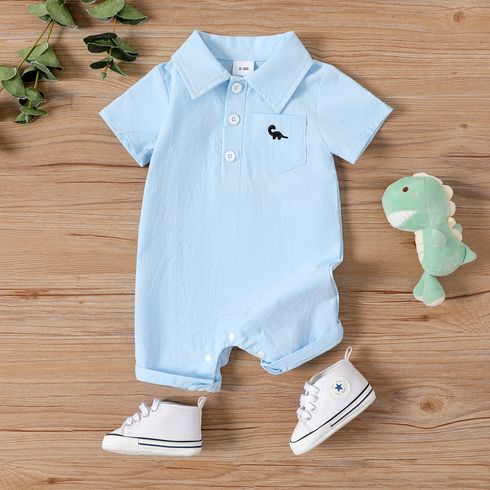 Baby Boy 100% Cotton Front Buttons Pocket with Dinosaur Pattern Lapel Neck Solid Jumpsuit