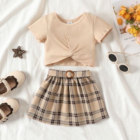 2pcs Toddler Girl Twist Knot Front Rib-knit Top and Belted Plaid Skirt Set  
