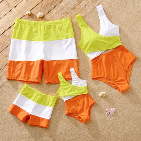 Family Matching Color Block Criss Cross Front One-piece Swimsuit or Swim Trunks Shorts
