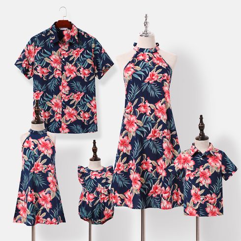 Family Matching Allover Floral Print Halterneck Dresses and Short-sleeve Shirts Sets