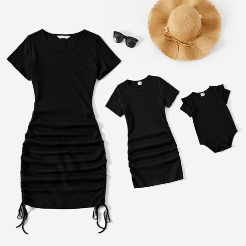 Mommy and Me Black Drawstring Ruched Side Short-sleeve Cotton Ribbed Dresses