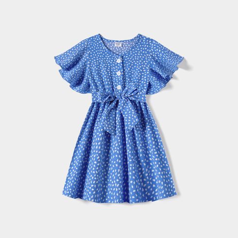 Family Matching Dots Pattern Belted Ruffle-sleeve Dresses and Colorblock T-shirts Sets Blue big image 15