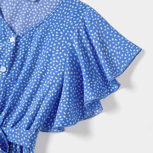Family Matching Dots Pattern Belted Ruffle-sleeve Dresses and Colorblock T-shirts Sets Blue big image 3