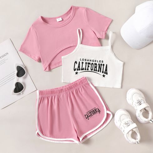 3pcs Kid Girl Sporty High Low Short-sleeve Tee & Letter Print Cami Top & Dolphin Shorts Set