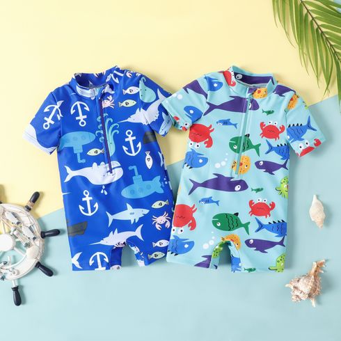 Baby Boy Allover Fish Print Front Zipper Lapel Neck Swimsuit
