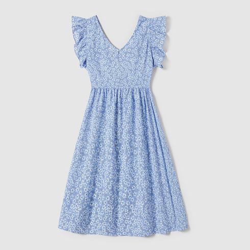 Family Matching Allover Floral Print Ruffle-sleeve Dresses and Striped Colorblock T-shirts Sets Blue big image 14