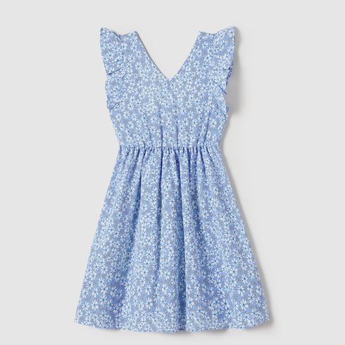 Family Matching Allover Floral Print Ruffle-sleeve Dresses and Striped Colorblock T-shirts Sets Blue big image 11