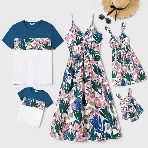 Family Matching Plant Floral Print Slip Dresses and Colorblock Short-sleeve T-shirts Sets
