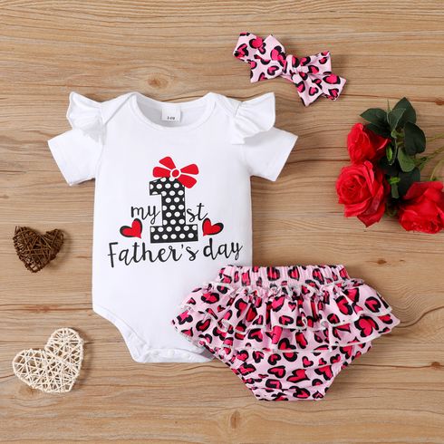 Father's Day 3pcs Baby Girl 95% Cotton Letter Print Ruffled Short-sleeve Bodysuit & Leopard Shorts & Headband Set