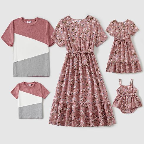 Family Matching Allover Floral Print Short-sleeve Belted Dresses and Colorblock T-shirts Sets