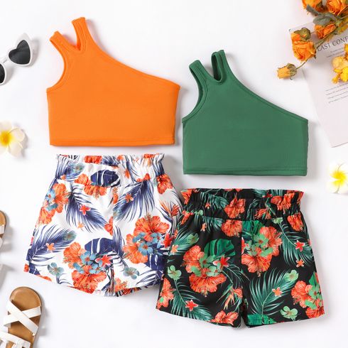 2pcs Kid Girl Ribbed One-Shoulder Top and Allover Flower Print Shorts Set