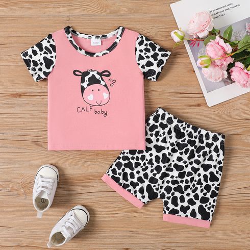2pcs Baby Girl Cow Pattern Short-sleeve Tee and Shorts Set 