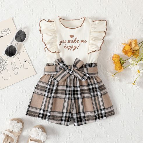 Baby Girl Letter Embroidered Ruffled Belted Plaid Combo Romper