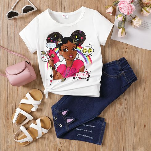 Kid Girl Figure & Rainbow Print Short-sleeve Tee / Cat Rabbit Tasseled Jeans