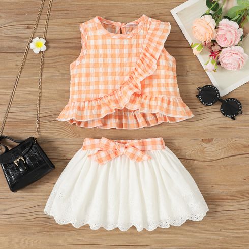 2pcs Toddler Girl Cotton Ruffle Trim Plaid Top and Belted Schiffy Skirt Set