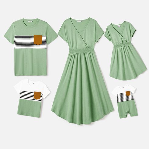Family Matching Curved Hem Corset Waist Dresses and Striped Panel Short-sleeve T-shirts Sets