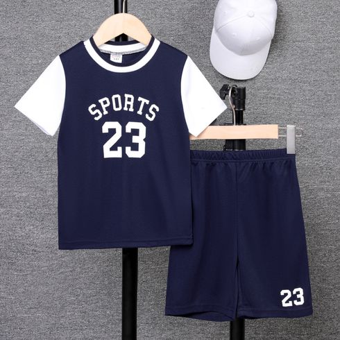2pcs Kid Boy Letter Number Print Two Tone Colorblock Sports Top and Shorts Set 