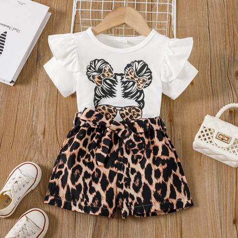 2pcs Toddler Girl Figure Print Ruffled Short-sleeve Top and Leopard Belted Shorts Set