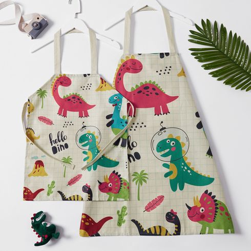 Cute Dinosaur Print Linen Aprons for Mommy and Me