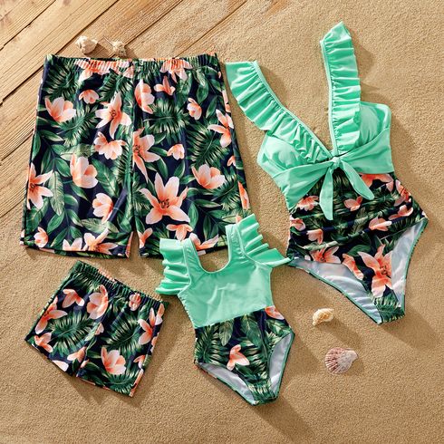 Family Matching Floral Plant Print Ruffled One-piece Swimsuit or Swim Trunks Shorts