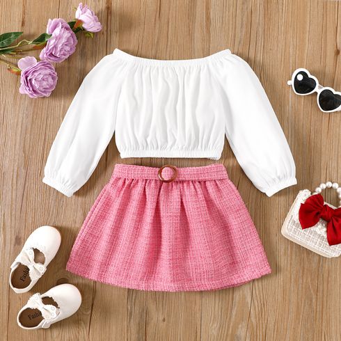 2pcs Toddler Girl Off-Shoulder Long-sleeve Top and Belted Skirt Set