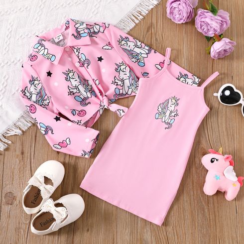 2pcs Toddler Girl Allover Unicorn Print Long-sleeve Shirt and Slip Dress Set 