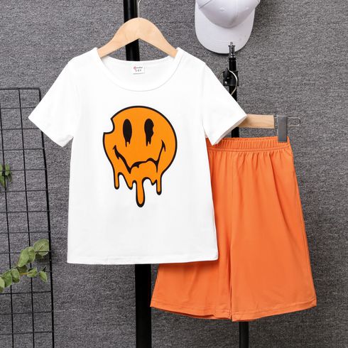 2pcs Kid Boy Novelty Face Print Short-sleeve Tee and Solid Shorts Set