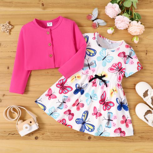 2pcs Toddler Girl Allover Butterfly Print Short-sleeve Dress and Button Up Cardigan Set 
