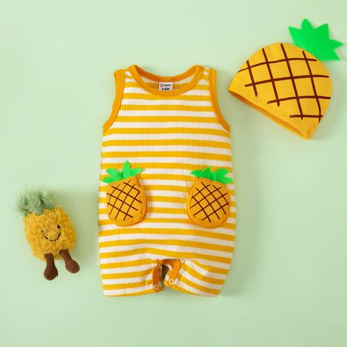 Baby Boy/Girl Pineapple Embroidery Ribbed Stripe Sleeveless Bodysuit