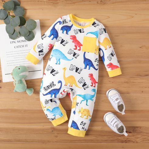 Baby Boy Dinosaur Print Patch Pocket Long-sleeve Jumpsuit 